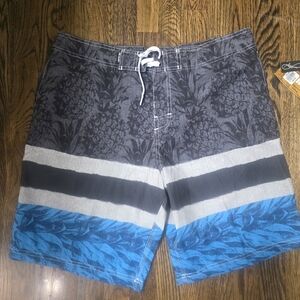 Men's Pineapple-Print Blue & Black Swim Board Shorts